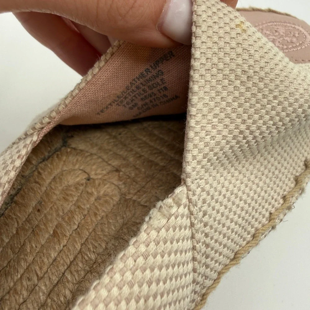 Tory Burch Espadrilles Women 8 Beige Pink Leather Logo Toe Cap Flat Slip On Shoe